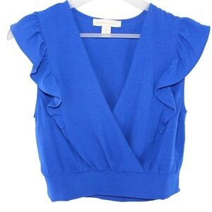 Monteau Los Angeles Wrap Crop Top Ruffle‎ Sleeve Medium Blue
